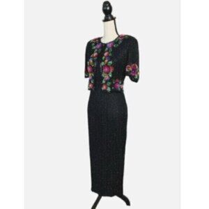 Laurence Kazar Black Vintage Silk Sequined Floral Embroidered Bolero Maxi Dress